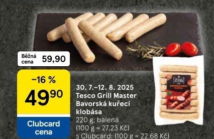 Bavorská klobása kuřecí Grill Master Tesco