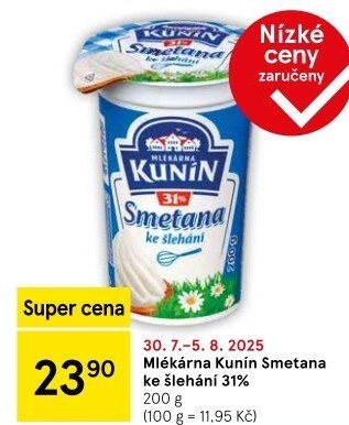 Smetana ke šlehání Mlékárna Kunín 31%