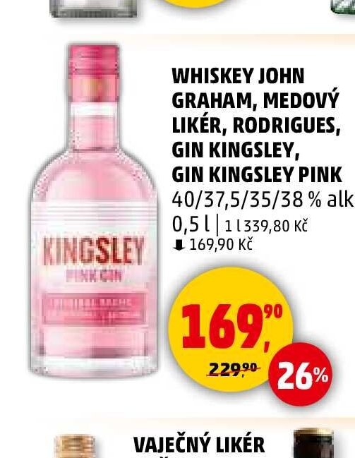 Whiskey John Graham, medový likér, Rodrigues, Gin Kingsley