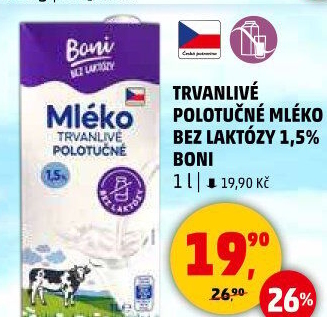 Mléko trvanlivé bez laktózy Boni - 1,5% polotučné