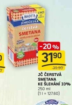 JČ ČERSTVÁ SMETANA KE ŠLEHÁNÍ 33% 250 ml