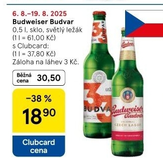 Pivo světlý ležák Budweiser Budvar