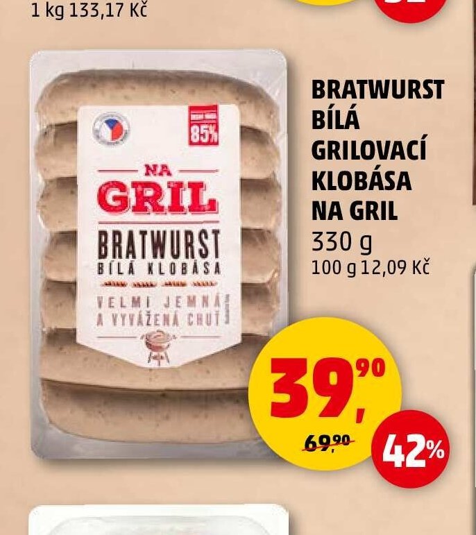 BRATWURST BÍLÁ GRILOVACÍ KLOBÁSA NA GRIL