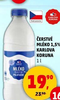 Mléko čerstvé Karlova Koruna - 1,5 polotučné