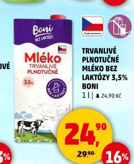 Mléko trvanlivé bez laktózy - 3,5% plnotučné Boni