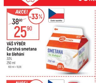 VÁŠ VÝBĚR Čerstvá smetana ke šlehání 33% 250 ml