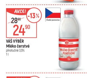 VÁŠ VÝBĚR Mléko čerstvé plnotučné 3,5% 1 l
