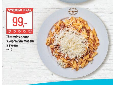 Těstoviny penne s vepřovým masem a sýrem