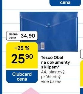 Tesco Obal na dokumenty s klipem A4, plastový, průhledný, více barev