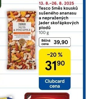 Tesco Směs kousků sušeného ananasu a nepražených jader skořápkových plodů 100 g