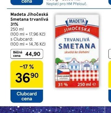 Madeta Jihočeská Smetana trvanlivá 31%