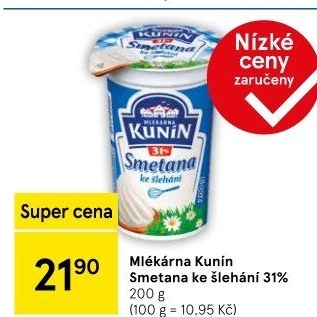 Smetana ke šlehání Mlékárna Kunín 31%