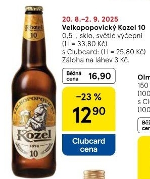Pivo světlé výčepní 10°Velkopopovický Kozel