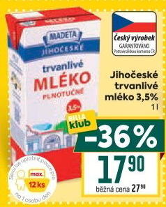 Mléko trvanlivé Jihočeské Madeta - 3,5% plnotučné