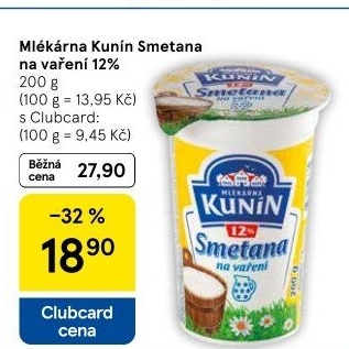 Smetana na vaření Mlékárna Kunín 12%