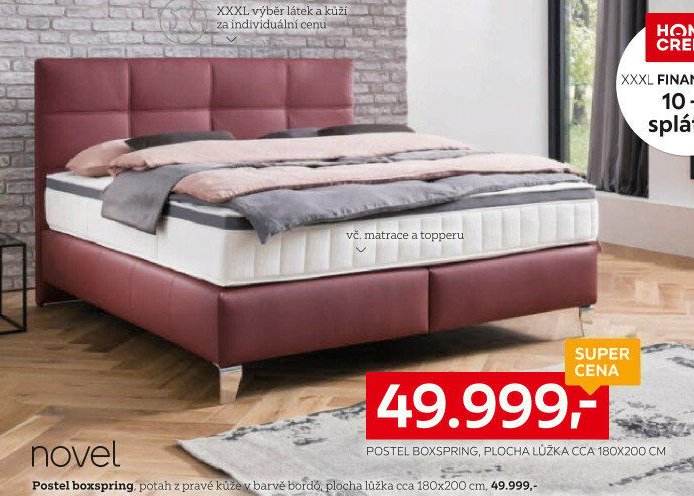 Postel boxspring, potah z pravé kůže v barvě bordó, plocha lůžka cca 180x200 cm