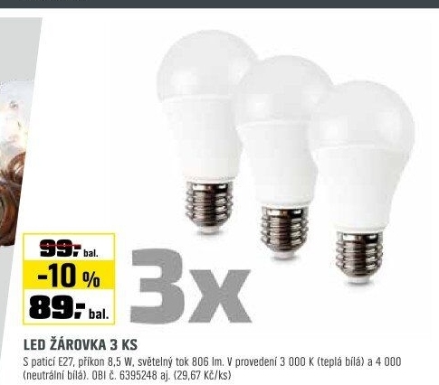 LED zdroj 8,5W,806lm4000K,E27 sada 3ks