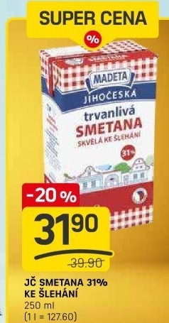 Smetana ke šlehání trvanlivá Jihočeská Madeta 31%