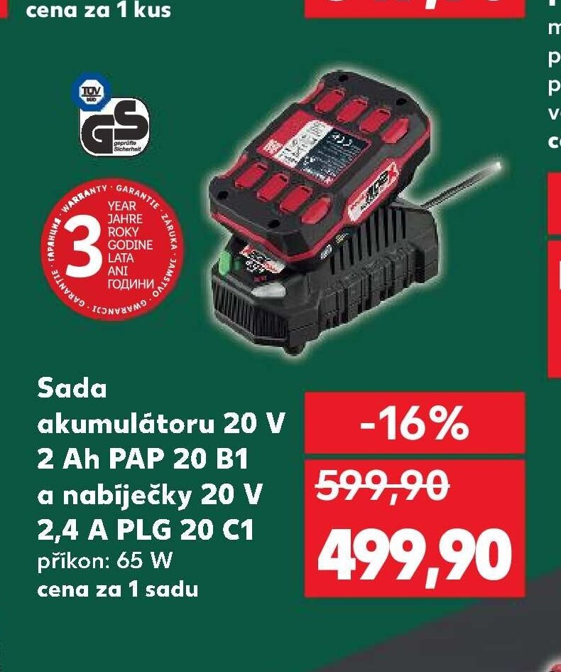 Sada akumulátoru 20 V 2 Ah PAP 20 B1 a nabíječky 20 V 2,4 A PLG 20 C1