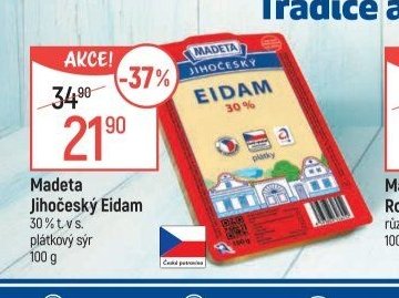 Madeta Jihočeský Eidam 30 % t. v s. plátkový sýr 100 g