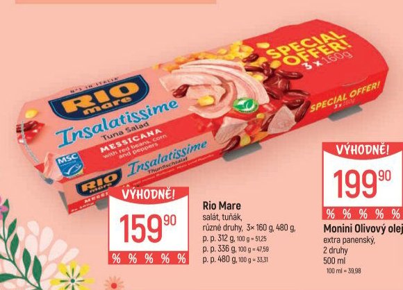Rio Mare salát, tuňák, různé druhy, 3× 160 g, 480 g