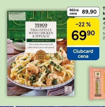 Tesco Těstoviny se sýrovou omáčkou, kousky pečeného kuřecího masa a pečeným špenátem 400 g - Tesco akcniletaky.com