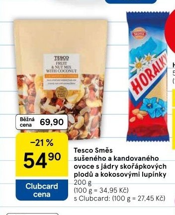 Tesco Směs sušeného a kandovaného ovoce s jádry skořápkových plodů a kokosovými lupínky