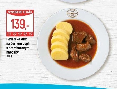 Hovězí kostky na černém pepři s bramborovými knedlíky