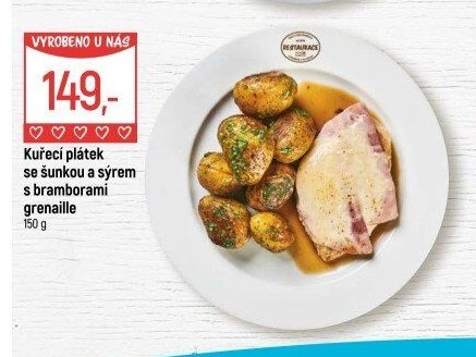 Kuřecí plátek se šunkou a sýrem s bramborami grenaille