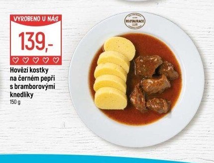Hovězí kostky na černém pepři s bramborovými knedlíky