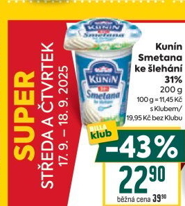 Smetana ke šlehání Mlékárna Kunín 31%
