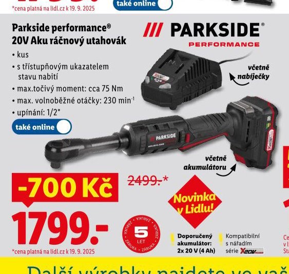 Parkside performance® 20V Aku ráčnový utahovák