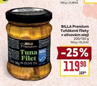 BILLA Premium Tuňákové filety v olivovém oleji 200/130 g