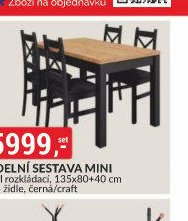 JÍDELNÍ SESTAVA MINI stůl rozkládací, 135x80+40 cm + 4 židle, černá/craft