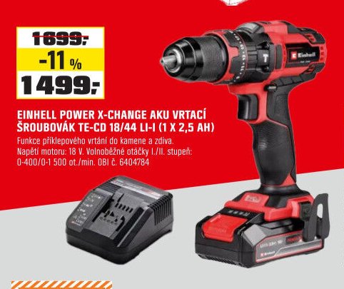 EINHELL POWER X-CHANGE AKU VRTACÍ ŠROUBOVÁK TE-CD 18/44 LI-I (1 X 2,5 AH)