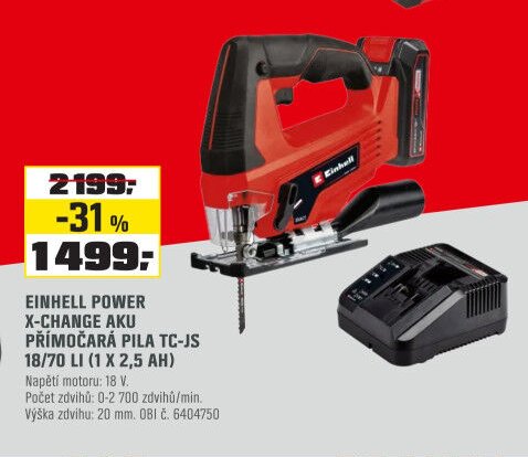 EINHELL POWER X-CHANGE AKU PŘÍMOČARÁ PILA TC-JS 18/70 LI (1 X 2,5 AH)