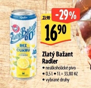 Nealkoholické pivo ochucené Radler Zlatý Bažant