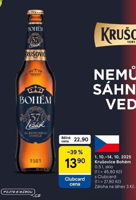Pivo světlý ležák Bohém Krušovice