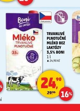 Trvanlivé plnotučné mléko bez laktózy 3,5% Boni