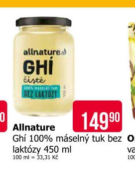 Allnature Ghí 100% máselný tuk bez laktózy 450 ml