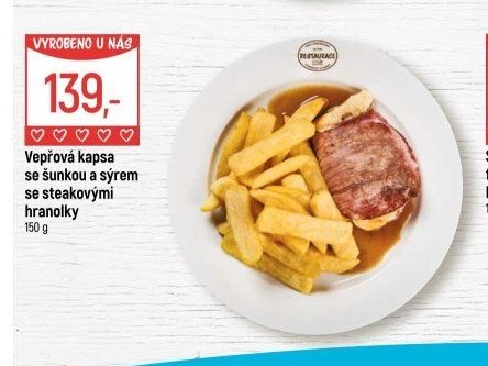 Vepřová kapsa se šunkou a sýrem se steakovými hranolky