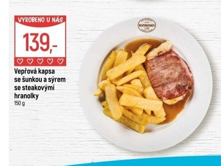 Vepřová kapsa se šunkou a sýrem se steakovými hranolky