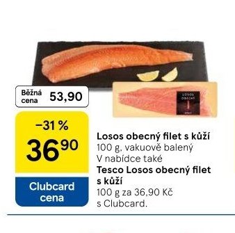 Losos obecný filet s kůží 100 g, vakuově balený. V nabídce také Tesco Losos obecný filet s kůží 100 g za 36,90 Kč s Clubcard. - Tesco akcniletaky.com