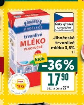 Madeta Jihočeské trvanlivé mléko 3,5%