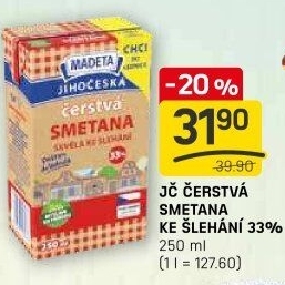 Smetana čerstvá ke šlehání Jihočeská Madeta 33%