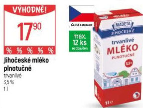 Mléko trvanlivé Jihočeské Madeta - 3,5% plnotučné
