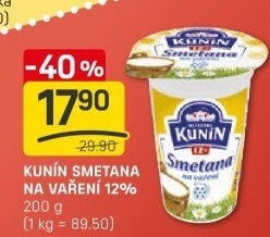 Smetana na vaření Mlékárna Kunín 12%