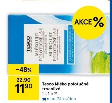 Mléko trvanlivé Tesco - 1,5% polotučné