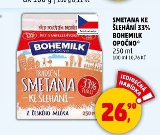 Smetana ke šlehání 33% Bohemilk Opočno