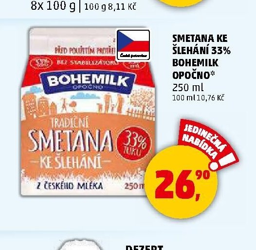 SMETANA KE ŠLEHÁNÍ 33 % BOHEMILK opočno